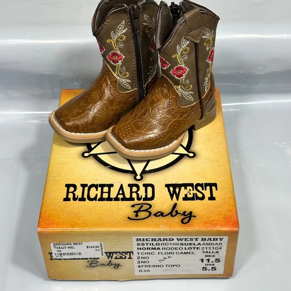 Richard West Cowboy Boots Girls 5.5 Brown Floral Embroidered Leather Excellent‎
